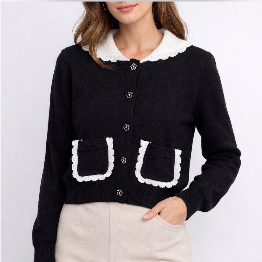 H&M Black & White Contrast Collar Cardigan Sweater with Flower Buttons